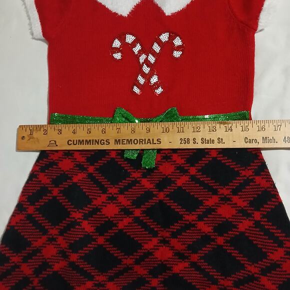 Ugly Christmas Sweater Dress Large (10/12) CanDY Canes Plaid Skirt Sequin Bow - Picture 7 of 11